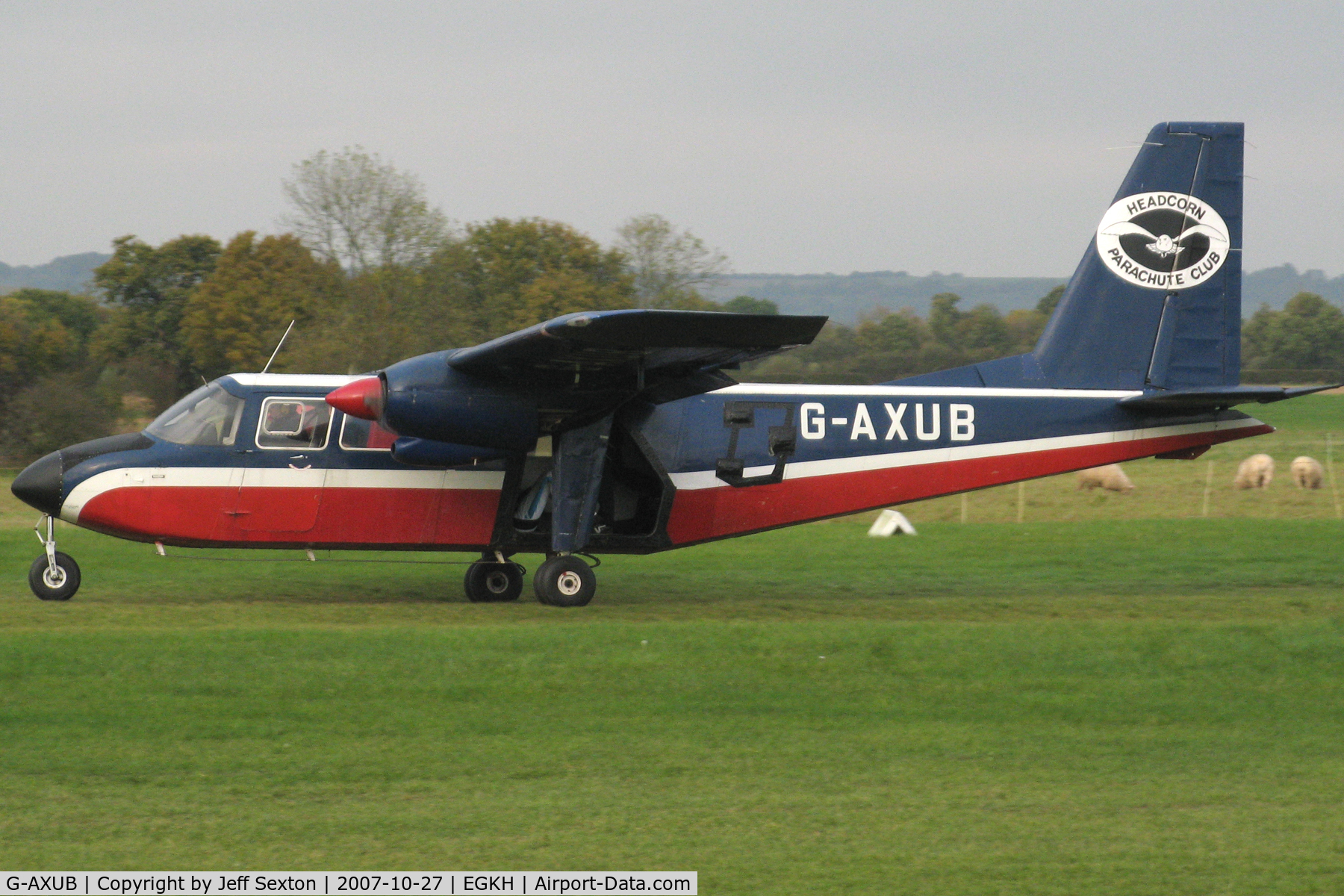 G-AXUB, 1969 Britten-Norman BN-2A Islander C/N 121, Taking-off to drop parachutists.