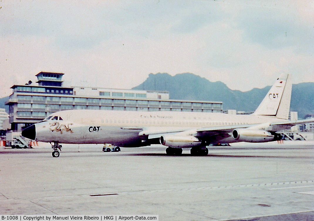 B-1008, 1961 Convair 880-22M-4 C/N 22-00-44M, taxying past the old HKG Kai Tak airport terminal May 1967