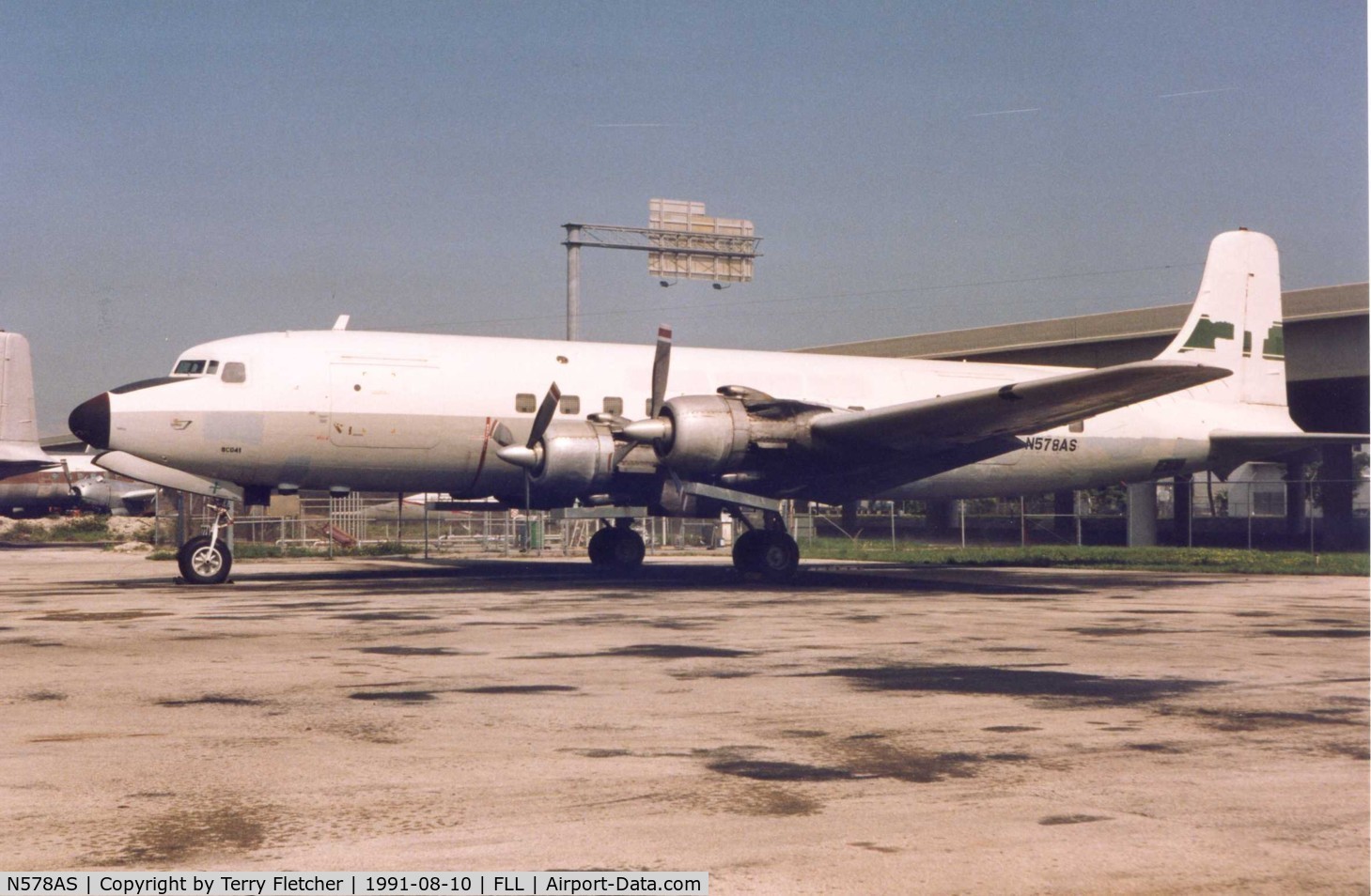 N578AS, 1952 Douglas C-118A Liftmaster (DC-6A) C/N 44650, This C-118A-DO  wore both USAF (53-3279) and US Navy (131578) serials before coming N578AS with Florida Leasing - seen here at Ft.Lauderdale Int in 1991