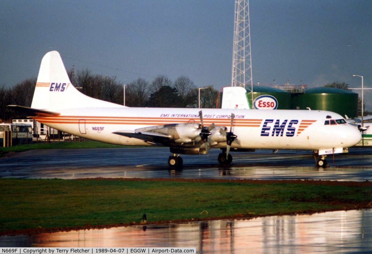 N669F, 1960 Lockheed L-188A(F) Electra C/N 1116, EMS's Lockheed Electra sits in the Luton early morning sunlight in 1989