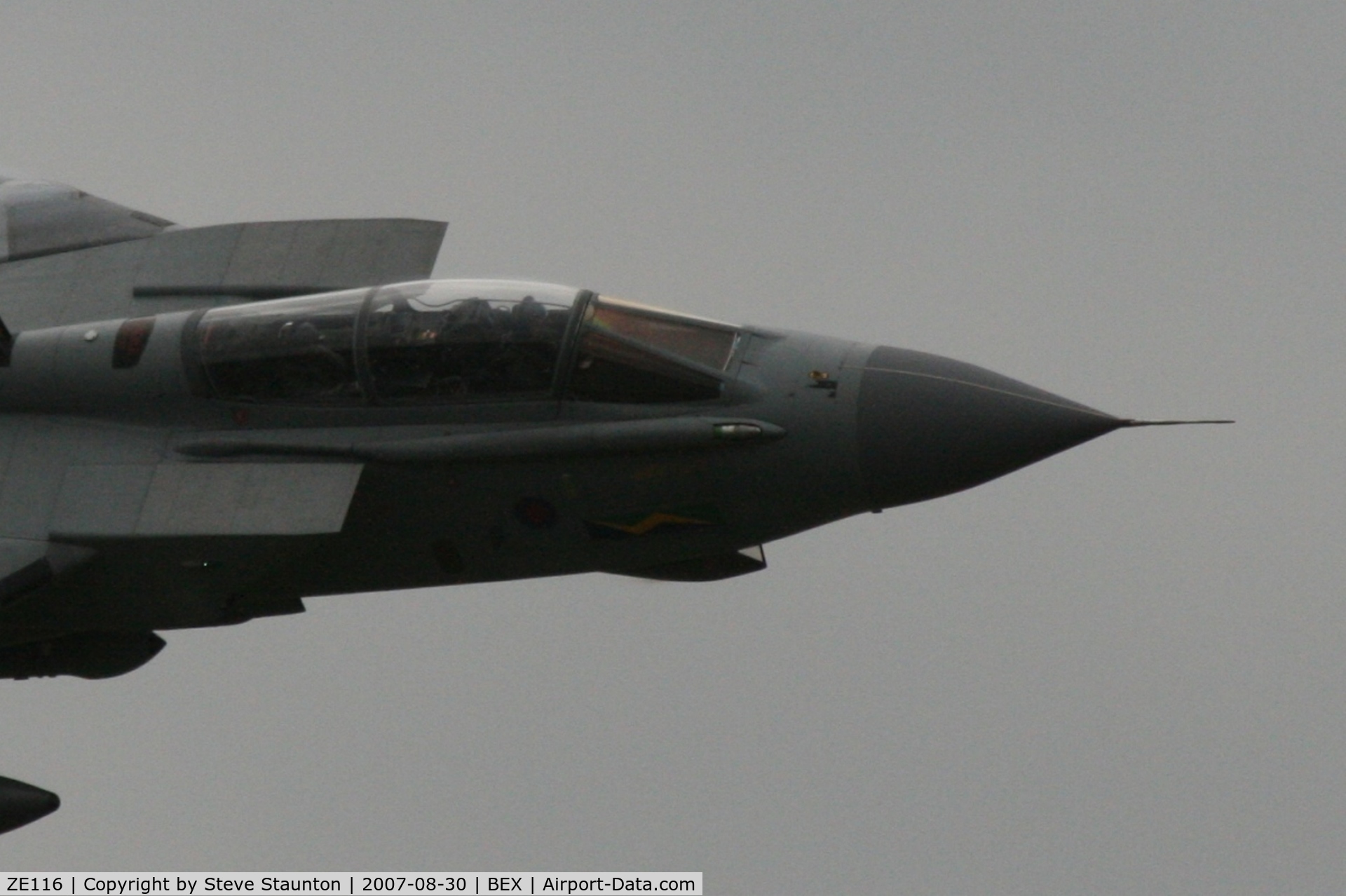 ZE116, 1986 Panavia Tornado GR.4A C/N 502/BS160/2502, Co-pilot hanging on at the RAF Benson Families Day, RAF Benson, Oxfordshire, England - August 2007