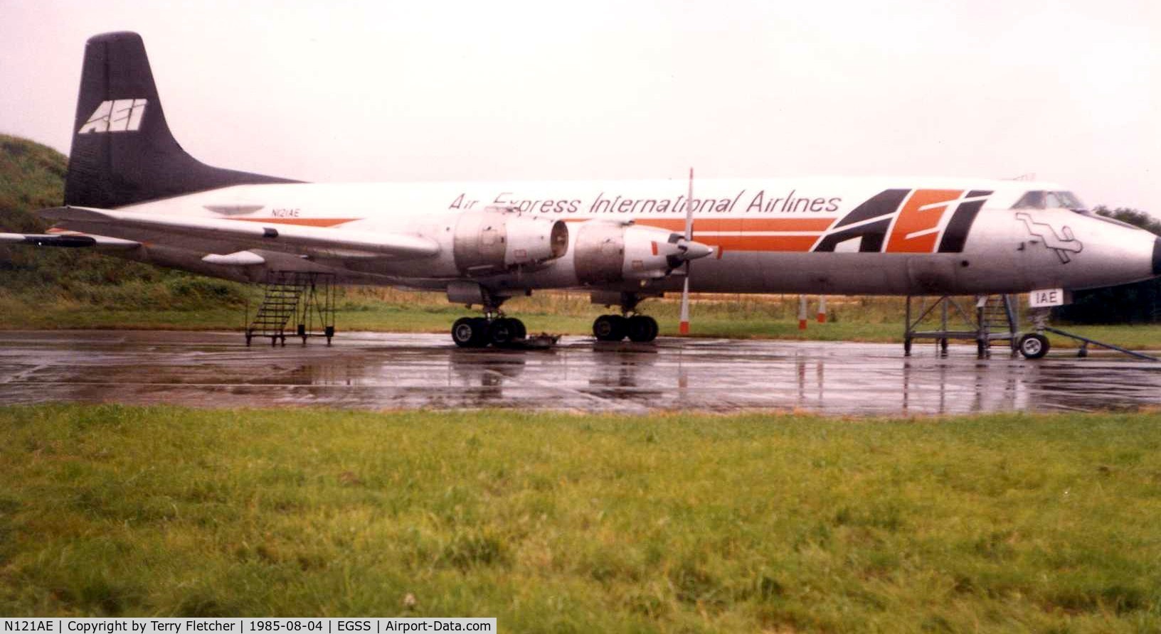 N121AE, Canadair CL-44D4 C/N 38, Air Express International Airlines classic CL-44 freighter is pictured at Stansted , England in 1985