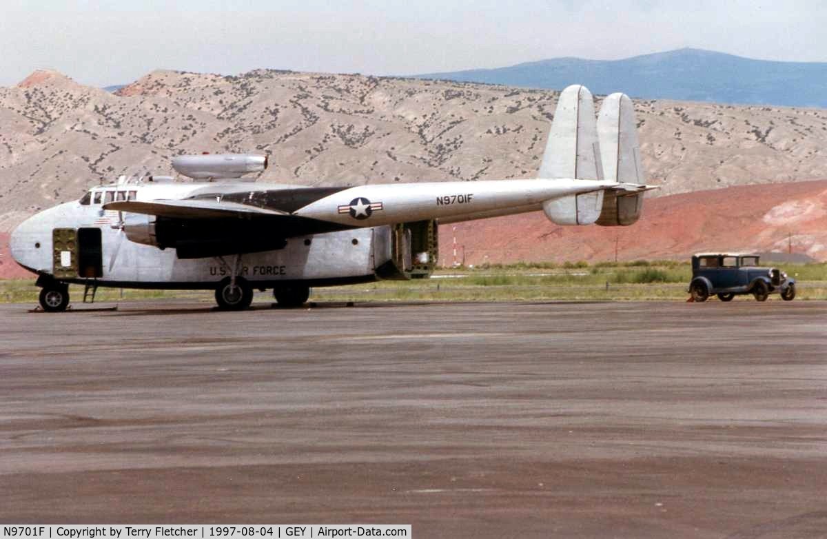 N9701F, 1945 Fairchild C-82A Packet C/N 10184 (45-57814), Rare aircraft and Automobile side by side on the Greybull ramp in 1997