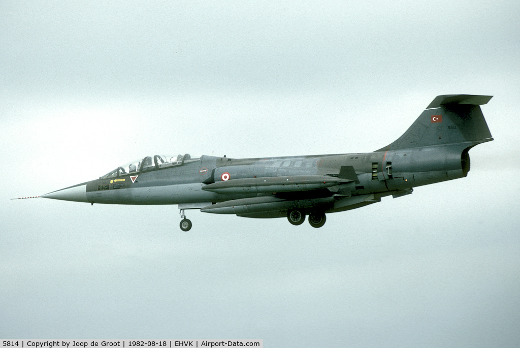 5814, Lockheed TF-104G Starfighter C/N 583F-5814, Former D-5814 was test flown by Turkish pilots prior to acceptance by the Turkish AF of this Dutch F-104. It is here seen in landing at its home base Volkel after its acceptance flight.