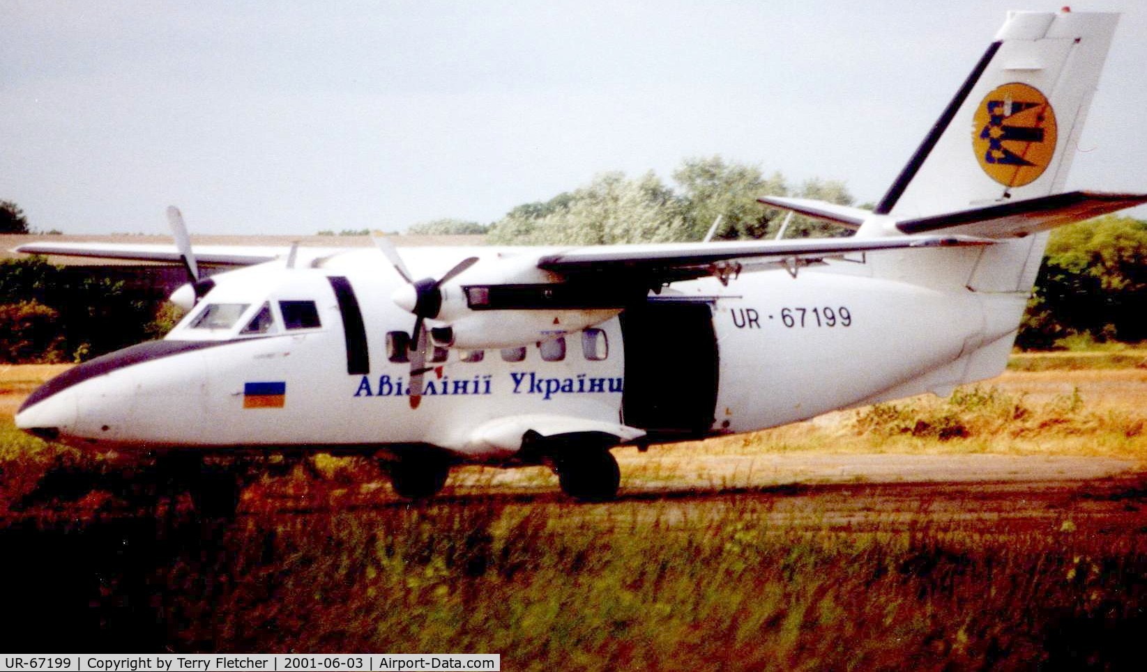 UR-67199, 1979 Let L-410UVP Turbolet C/N 790305, Seen here in 2001 when the aircraft was based at Langar Airport as a jumping platform for the skydivers