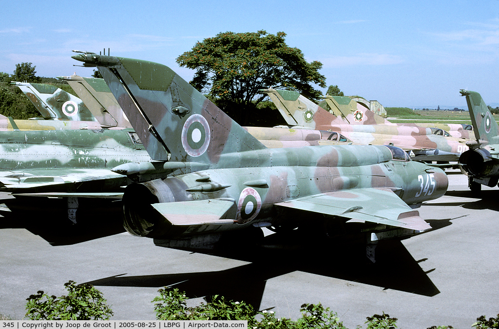 345, Mikoyan-Gurevich MiG-21Bis SAU C/N 75094345, This storage area shows the great many different color schemes the MiG-21 has had in Bulgarian service.