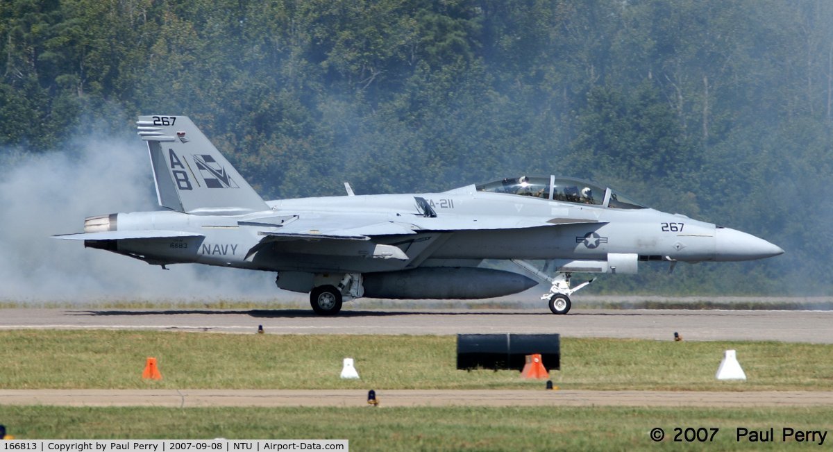 166813, Boeing F/A-18F Super Hornet C/N F186, Back in, showcasing her mid-body speed brakes