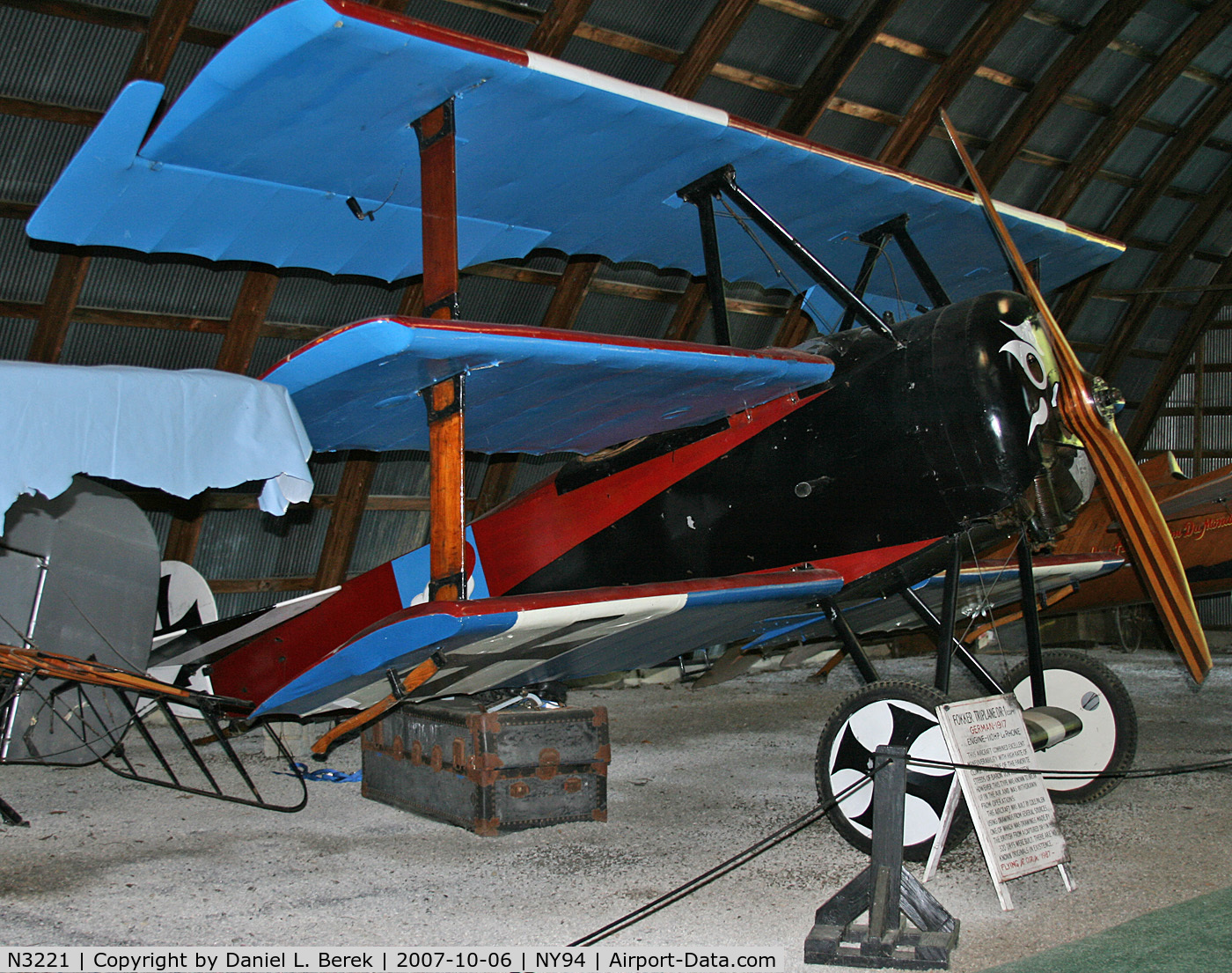 N3221, 1967 Fokker Dr.1 Triplane Replica C/N 322, This reproduction, built by Cole Palen in 1967, started the hobby of building full-size reproductions of World War I aircraft.  The 