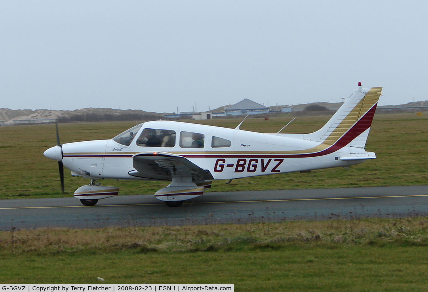 G-BGVZ, 1979 Piper PA-28-181 Cherokee Archer II C/N 28-7990528, Piper Pa-28 Taxies out at Blackpool in Feb 2008