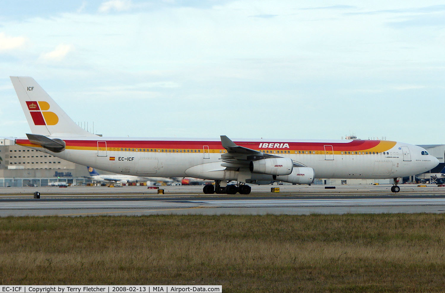 EC-ICF, 2002 Airbus A340-313 C/N 459, Iberia A340 arrives Miami from Madrid in Feb 2008