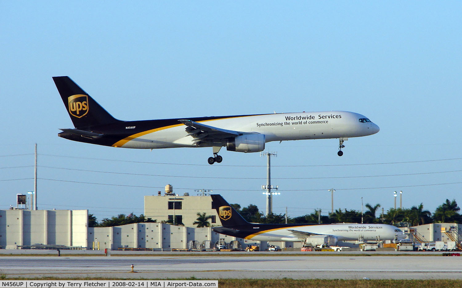 N456UP, 1996 Boeing 757-24APF C/N 25477, UPS B757 about to touchdown adjacent its home ramp at Miami