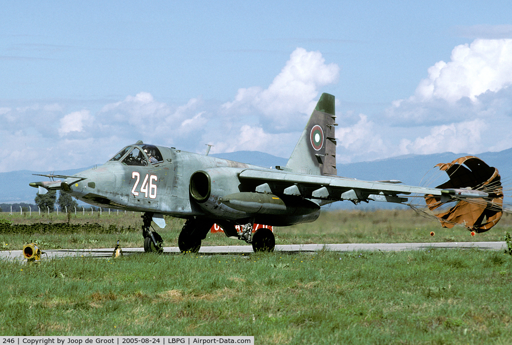 246, Sukhoi Su-25K C/N 25508110046, This impressive fighter taxies in after landing. Bulgaria is one of the last air forces to operate the Su-25.