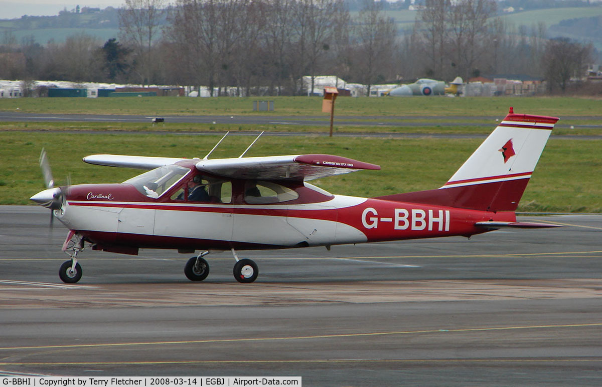 G-BBHI, 1972 Cessna 177RG Cardinal C/N 177RG0225, A visitor to Gloucestershire Airport on the day of the horse racing Gold Cup  at the nearby Cheltenham Racecourse
