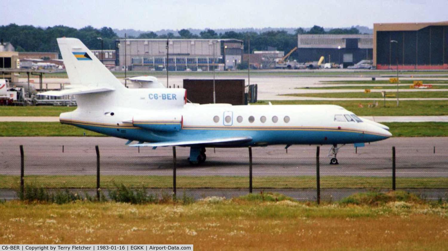 C6-BER, Dassault Falcon 50 C/N 20, An early Falcon 50 in 1983 on the old Gatwick bizjet ramp - before this whole area was developed as Gatwick North Terminal and Hotel Complex
