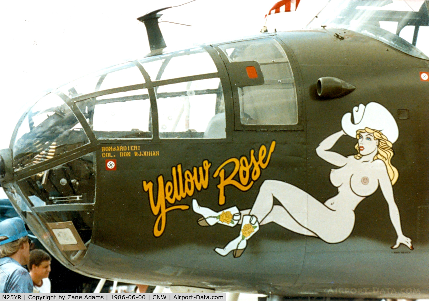 N25YR, 1943 North American TB-25N Mitchell C/N 108-34881, Texas Sesquicentennial Air Show 1986 - a good look at the now censored Yellow Rose nose art.