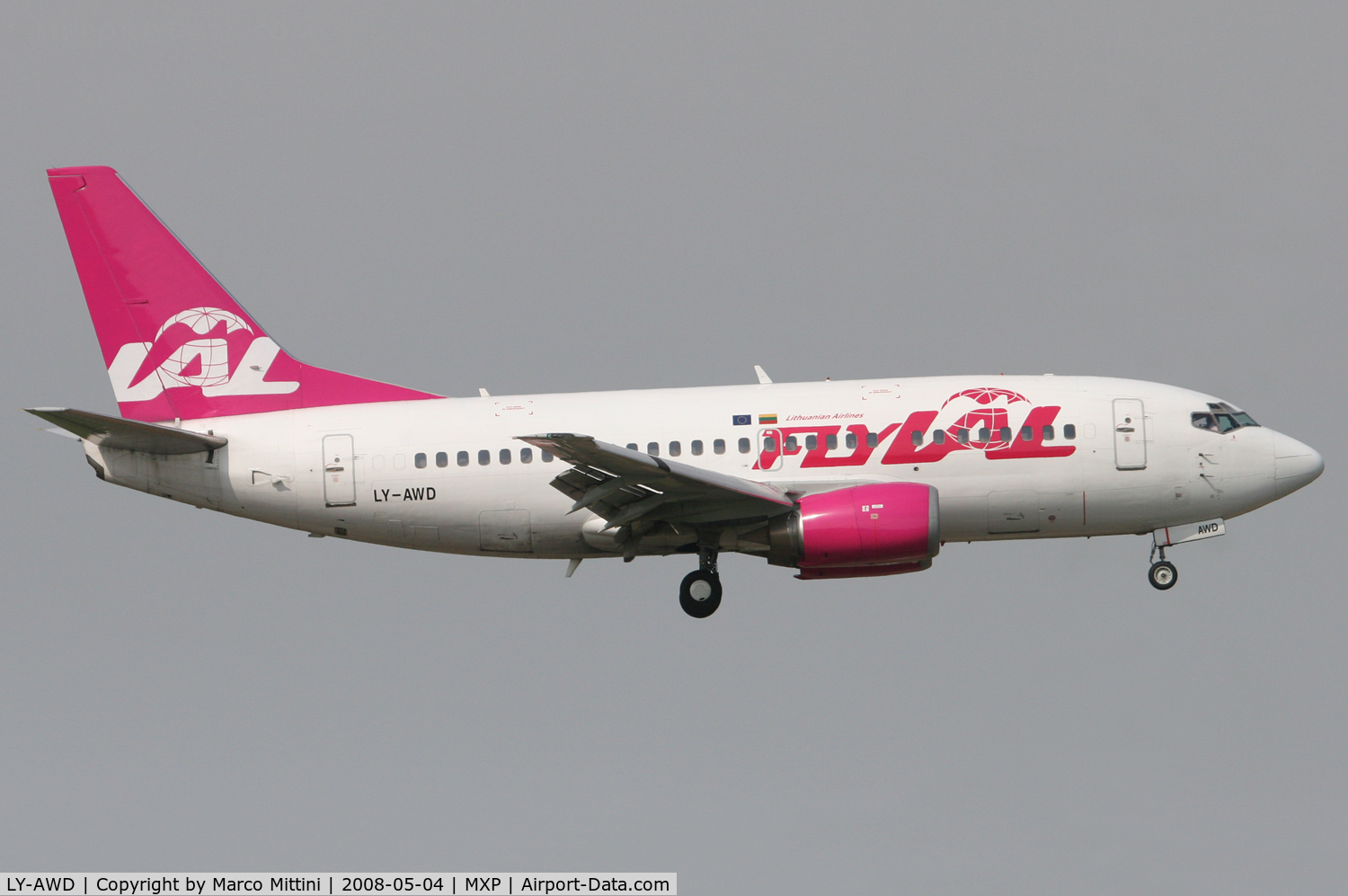 LY-AWD, 1993 Boeing 737-522 C/N 26739, Landing at Milano Malpensa