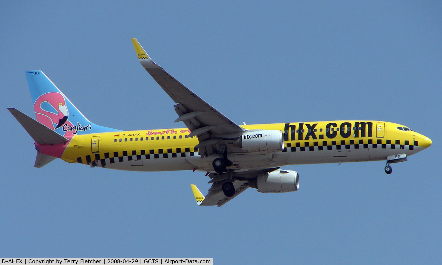 D-AHFX, 2001 Boeing 737-8K5 C/N 30416, Colouful Hapag Lloyd Express on approach to TFS