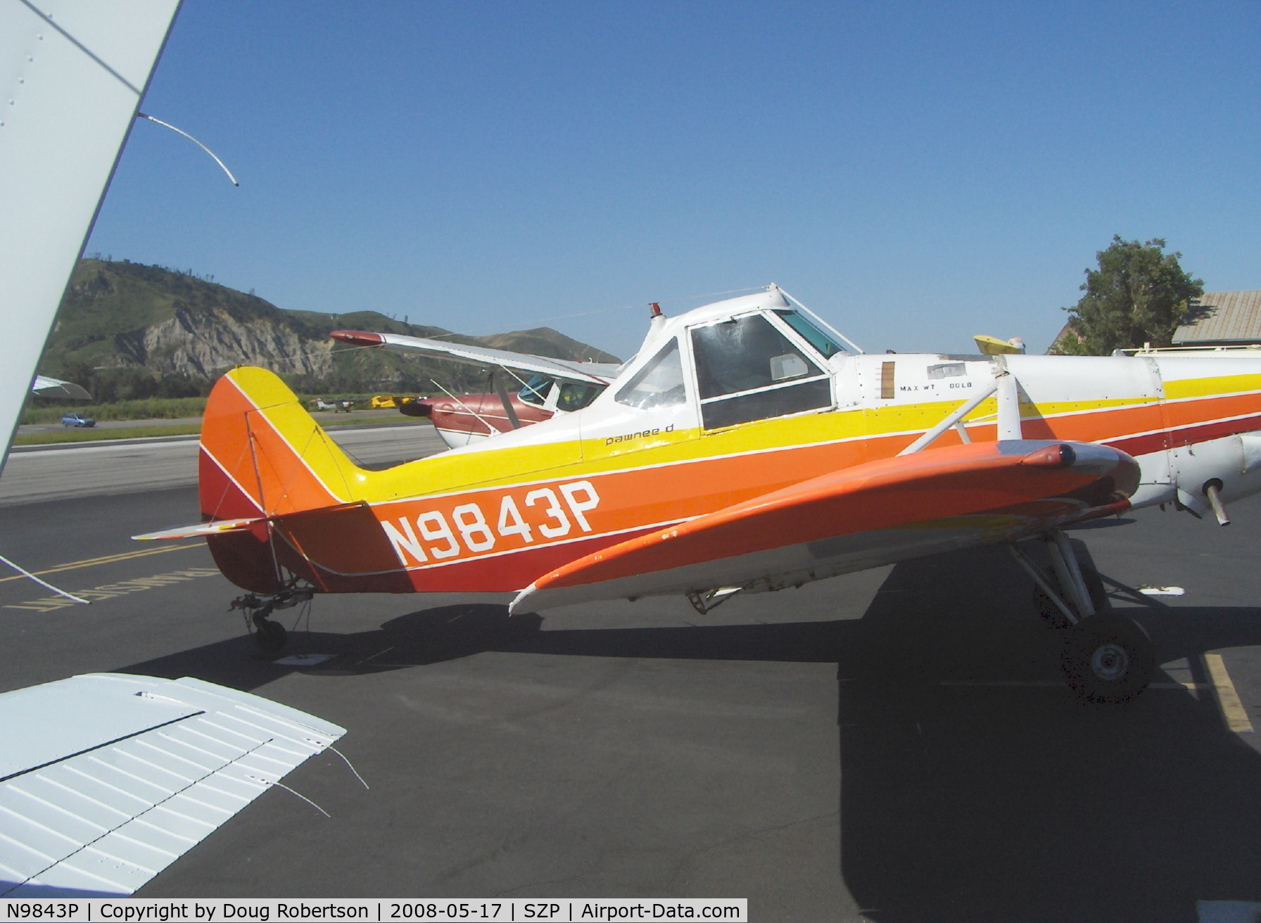 N9843P, 1975 Piper PA-25-235 C/N 25-7556161, 1975 Piper PA-25-235 PAWNEE D aerial applicator (cropduster), Lycoming O-540-B2B5 235 Hp (derated), Restricted class. Note wirecutter just ahead of windscreen
