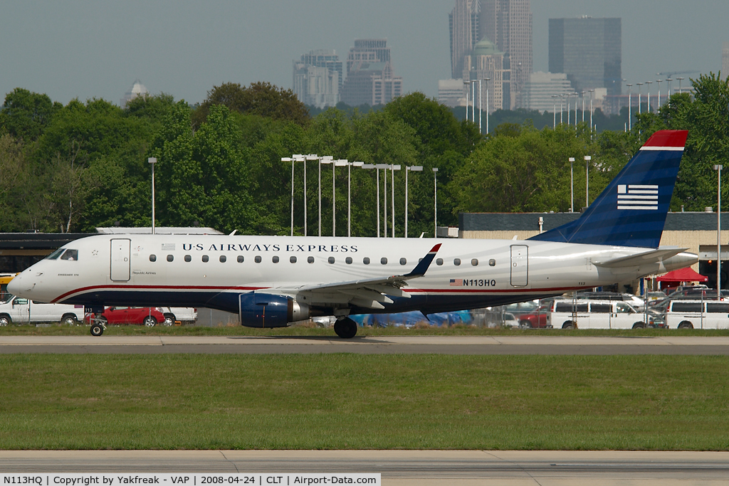 N113HQ, 2007 Embraer 175LR (ERJ-170-200LR) C/N 17000177, Republic Airlines Embraer 170 in US Airways colors