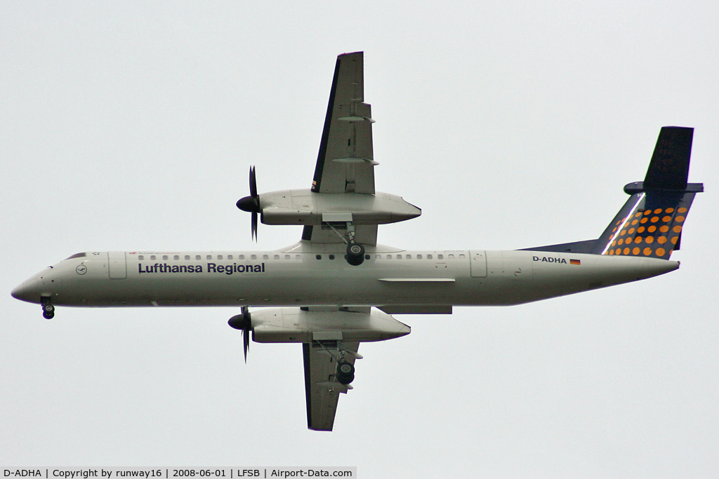 D-ADHA, 2000 De Havilland Canada DHC-8-402Q Dash 8 C/N 4028, Augsburg Airways flying for Lufthansa landing on rwy 34