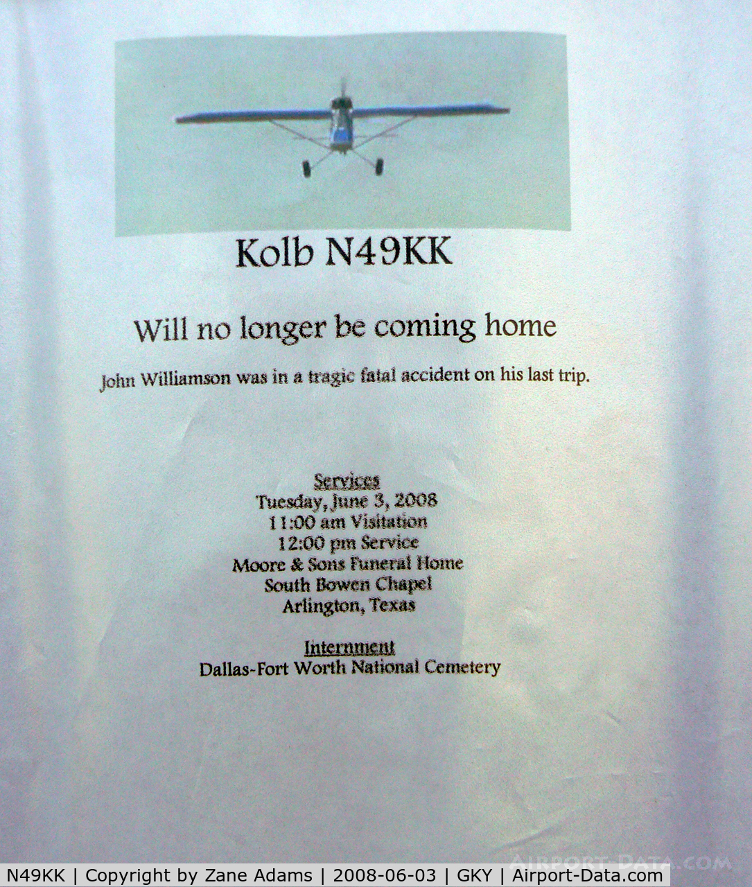 N49KK, 2002 Kolb Kolbra C/N KB01-3-00008, This note was attached to the hanger door where N49kk has been stored for many years...Quite a shock. I did not know the man but I had spoken with him on several occasions and was always fascinated by his airplane. God rest his soul.