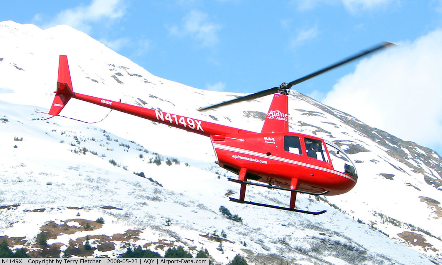 N4149X, 2008 Robinson R44 II C/N 12186, Alpine Air's Robinson R44II takes off from its Girdwood , Alaska base