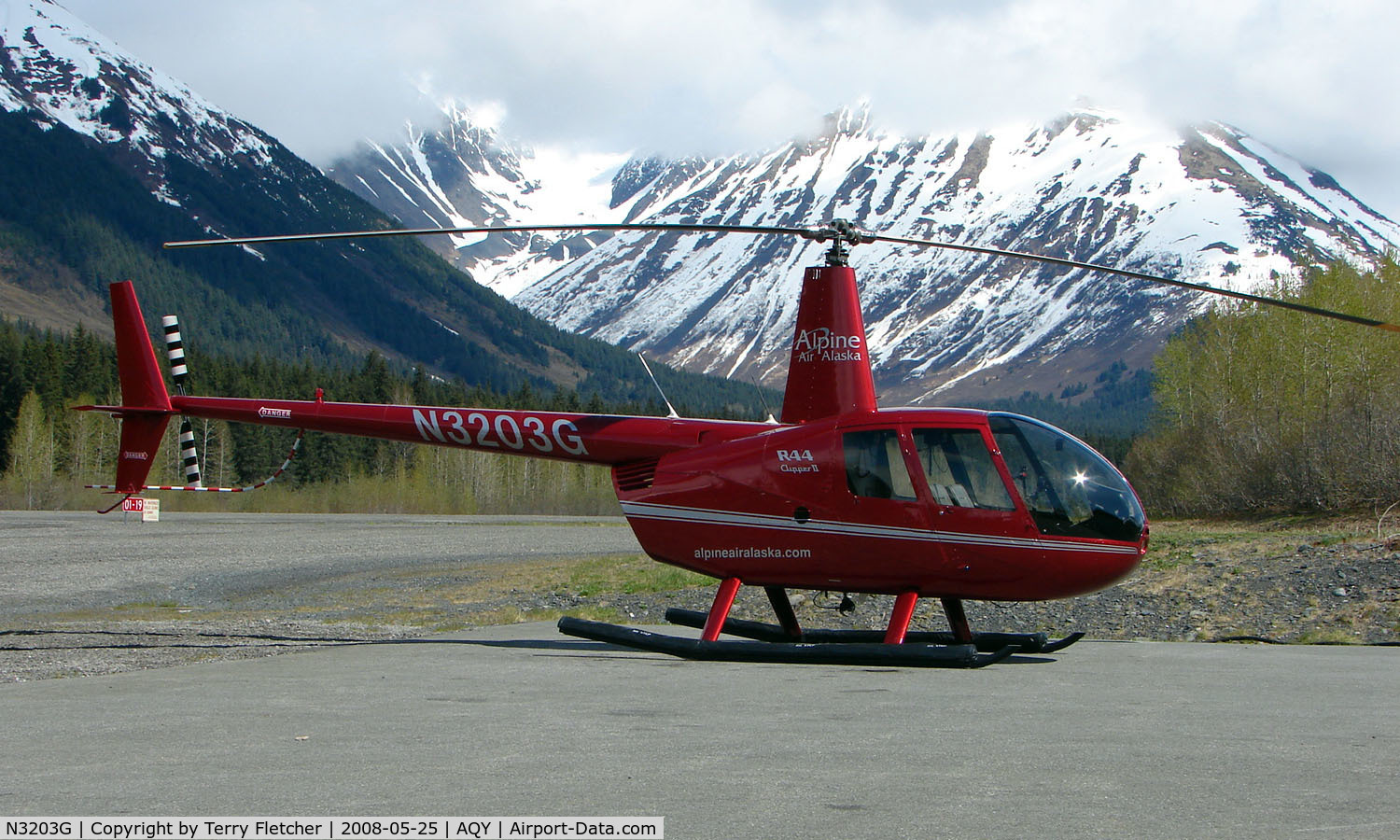 N3203G, 2007 Robinson R44 II C/N 11586, Alpine Air's Robinson R44II in a new ,deeper shade of red , at Girdwood , Alaska base