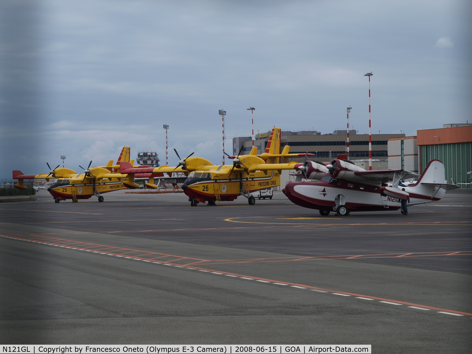 N121GL, 1944 Grumman G-21A Goose C/N B-49, along with two Canadair CL-415 of Protezione Civile Italiana