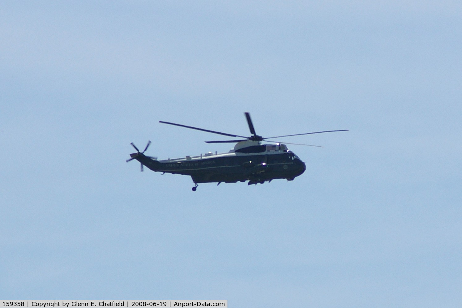 159358, Sikorsky VH-3D Sea King C/N 61732, Either 159358 or 159359.  One is Marine One.  Over North Liberty, IA, about a mile from me.