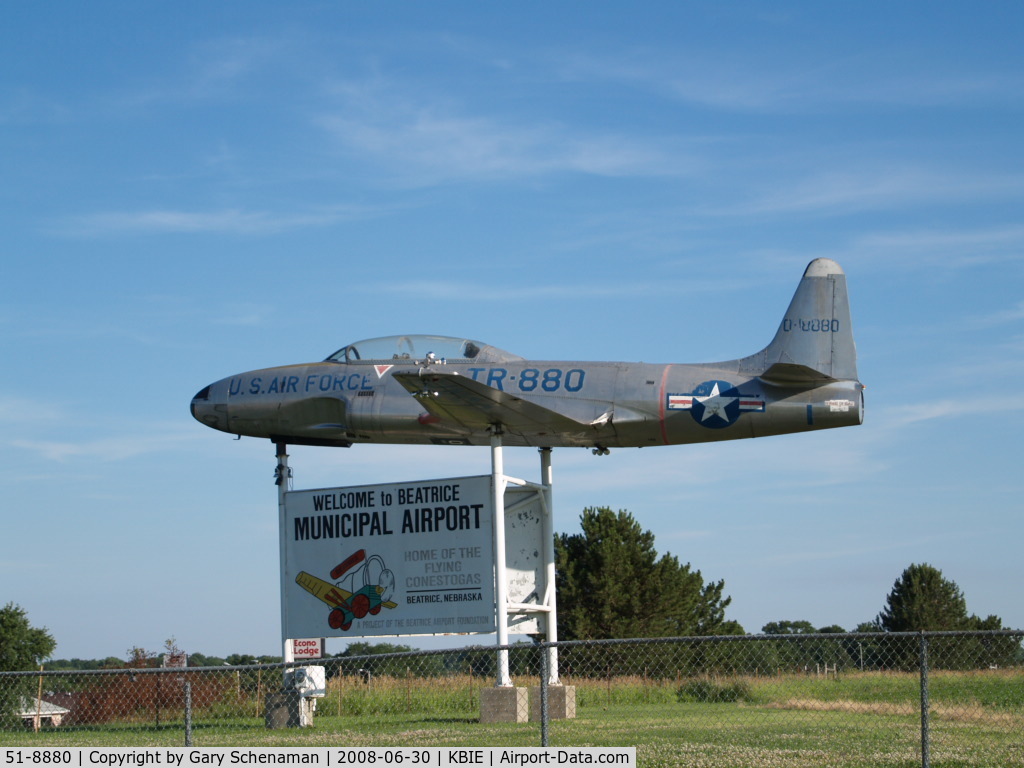 51-8880, 1951 Lockheed T-33A Shooting Star C/N 580-6664, ENTERANCE TO BEATRICE, NE AIRPORT