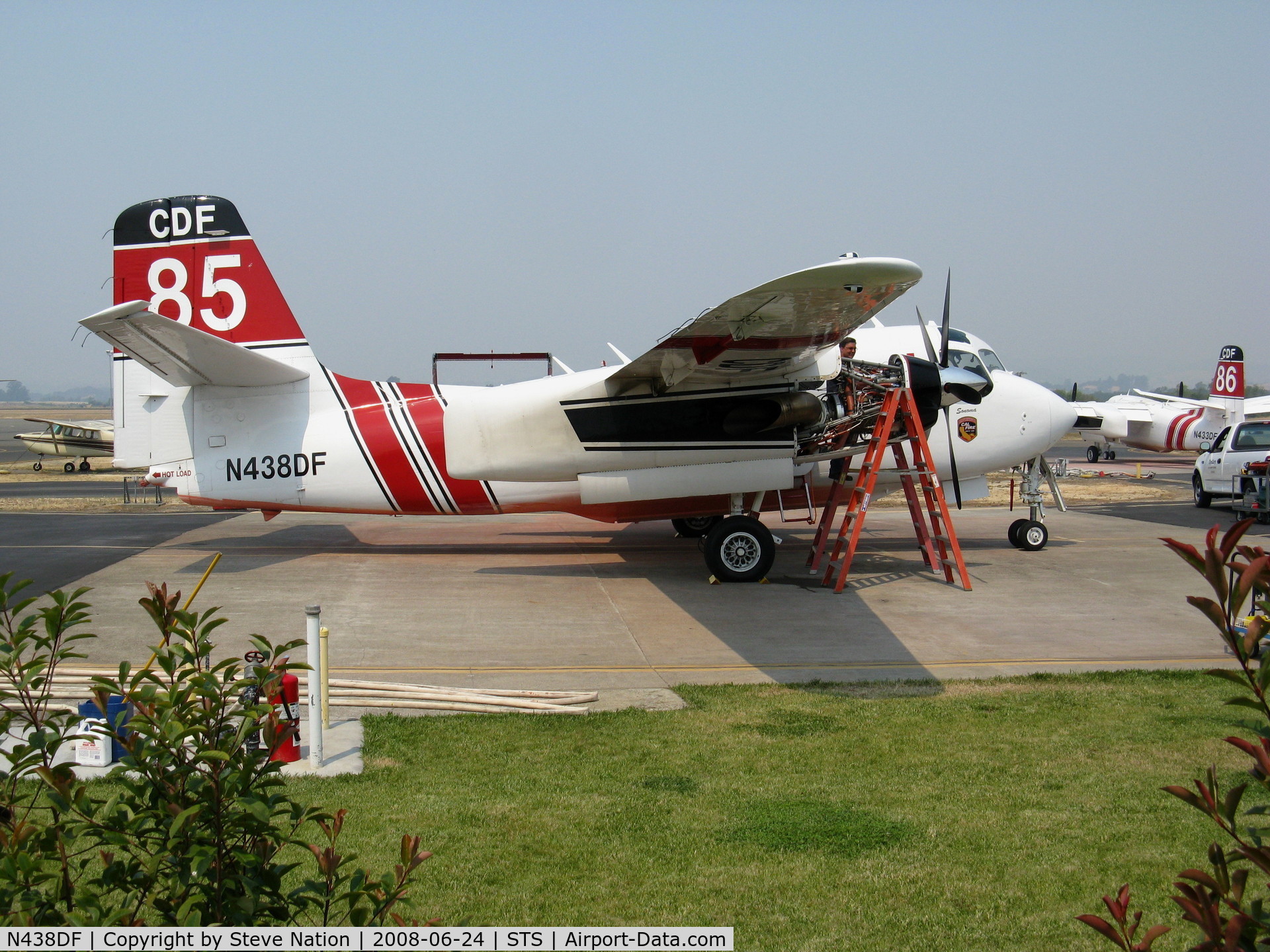 N438DF, Marsh Aviation S-2F3AT C/N 151640, CALFIRE Marsh Aviation S-2F3AT conversion Tanker #85 with 'Sonoma' titles undergoing engine repairs @ Santa Rosa, CA