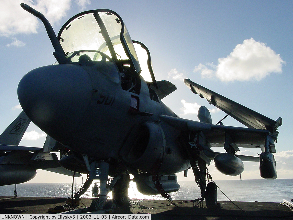 UNKNOWN, , USN EA-6B chocked & chained on the fantail @ sunset