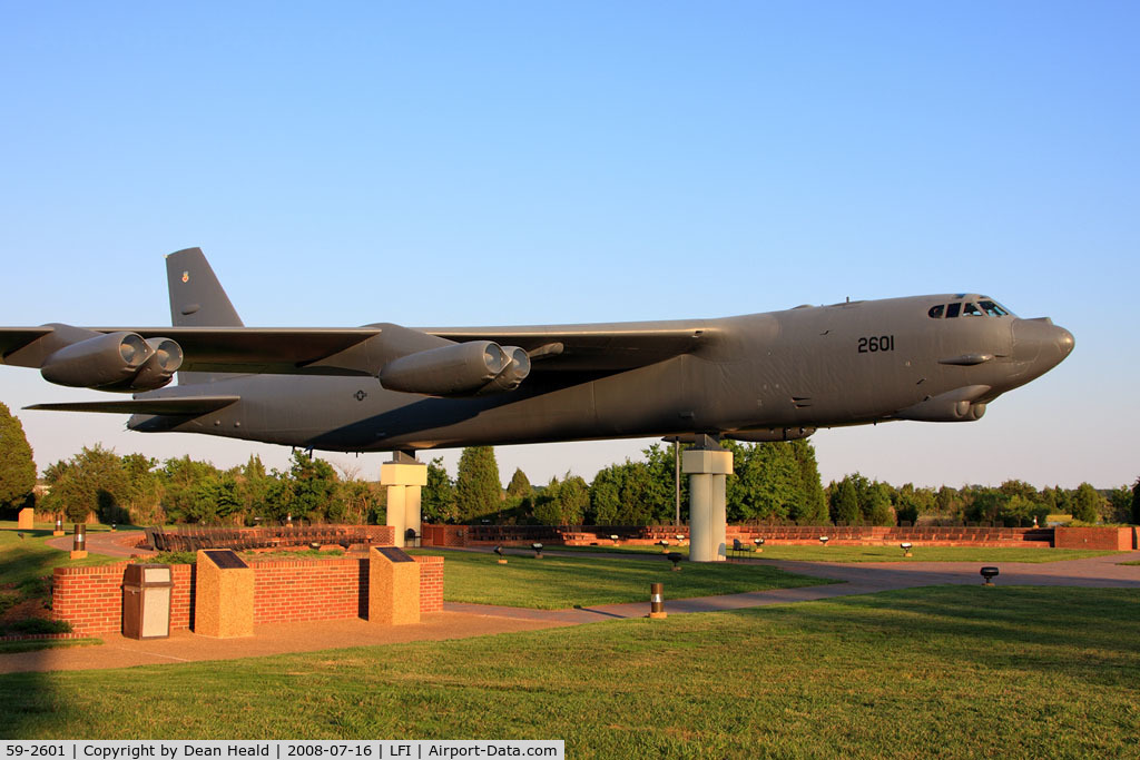 59-2601, 1959 Boeing B-52G Stratofortress C/N 464364, USAF Boeing B-52G Stratofortress 59-2601 rests proudly and peacefully on display near the La Salle Street Gate at Langley AFB. This is one of nine B-52G's that have been preserved and put on display.