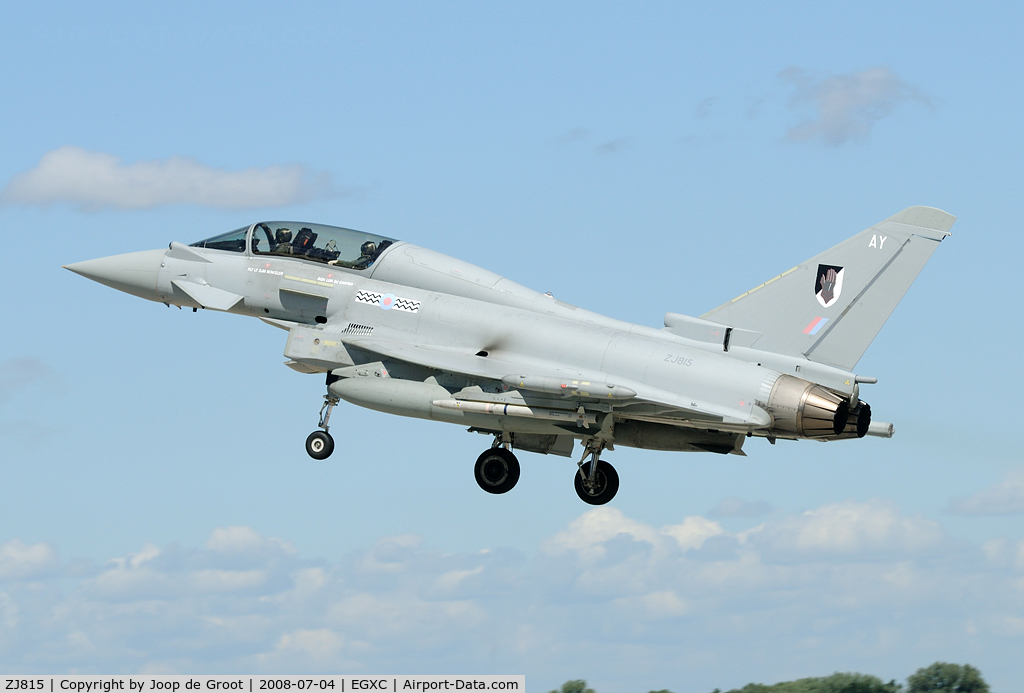 ZJ815, 2006 Eurofighter EF-2000 Typhoon T3 C/N 0129/BT016, ZJ815 has undergone the upgrade program with the infra red devise underneath the cockpit as the most visible feature.
