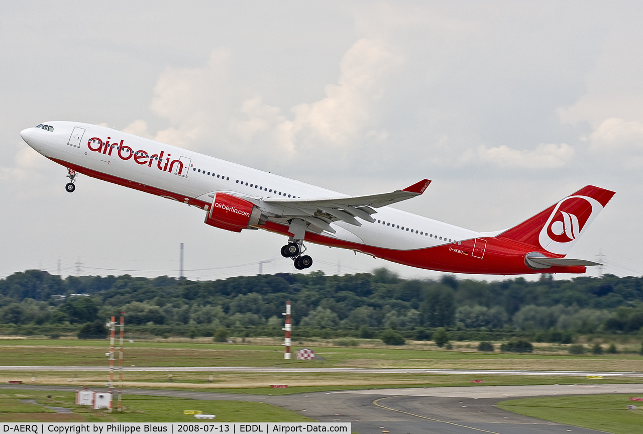 D-AERQ, 1996 Airbus A330-322 C/N 127, Climbing from rwy 23L. First time in the new Air Berlin livery in the database.