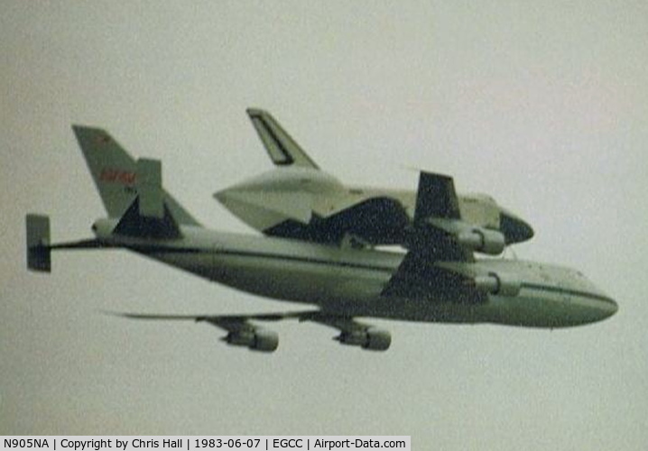 N905NA, 1970 Boeing 747-123 C/N 20107, Space shuttle transporter carrying the Enterprise over Manchester Airport enroute from Le Bourget to Keflavik, scan from a photograph