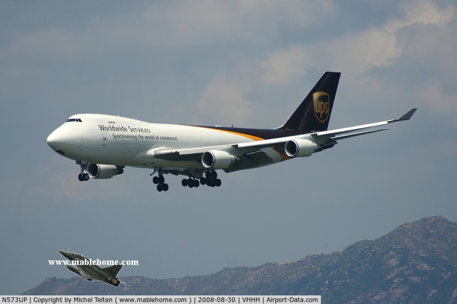N573UP, 2008 Boeing 747-44AF C/N 35662, UPS Cargo arriving at Hong Kong