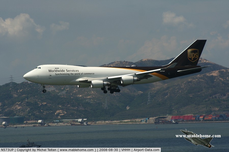 N573UP, 2008 Boeing 747-44AF C/N 35662, UPS Cargo arriving at Hong Kong