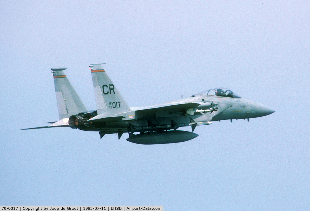 79-0017, 1979 McDonnell Douglas F-15C Eagle C/N 0547/C086, Fully armed with live Sidewinders and Sparrow missiles this QRA F-15 takes to the sky for yet another exercise. Transferred to the Saudi AF as 4206.
