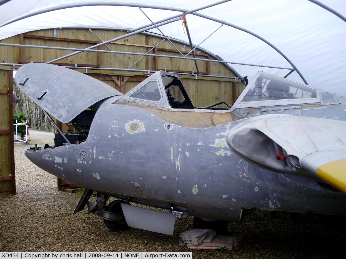 XD434, 1953 De Havilland DH-115 Vampire T.11 C/N 15260, being restored by the Fenland & West Norfolk Aviation Museum