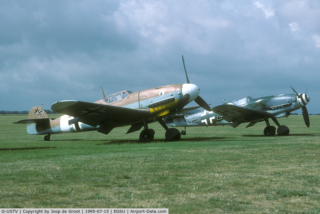 G-USTV, 1942 Messerschmitt Bf-109G-2/Trop C/N 10639, 1995 brought a rare sight to Duxford: two airworthy Daimler-Benz powered Bf-109's. G-USTV is an original Bf-109G; D-FDME is a converted Spanish Air Force Ha1112-M1L.