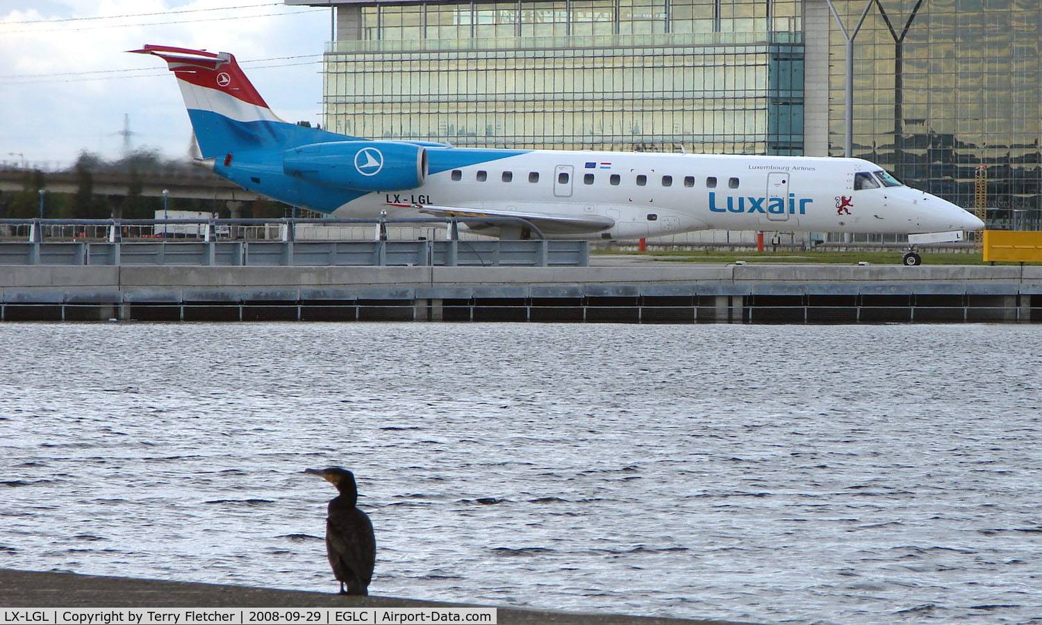 LX-LGL, 2005 Embraer ERJ-135LR (EMB-135LR) C/N 14500893, A lone cormorant watches the Luxair Emb 135 taxi for departure from London City