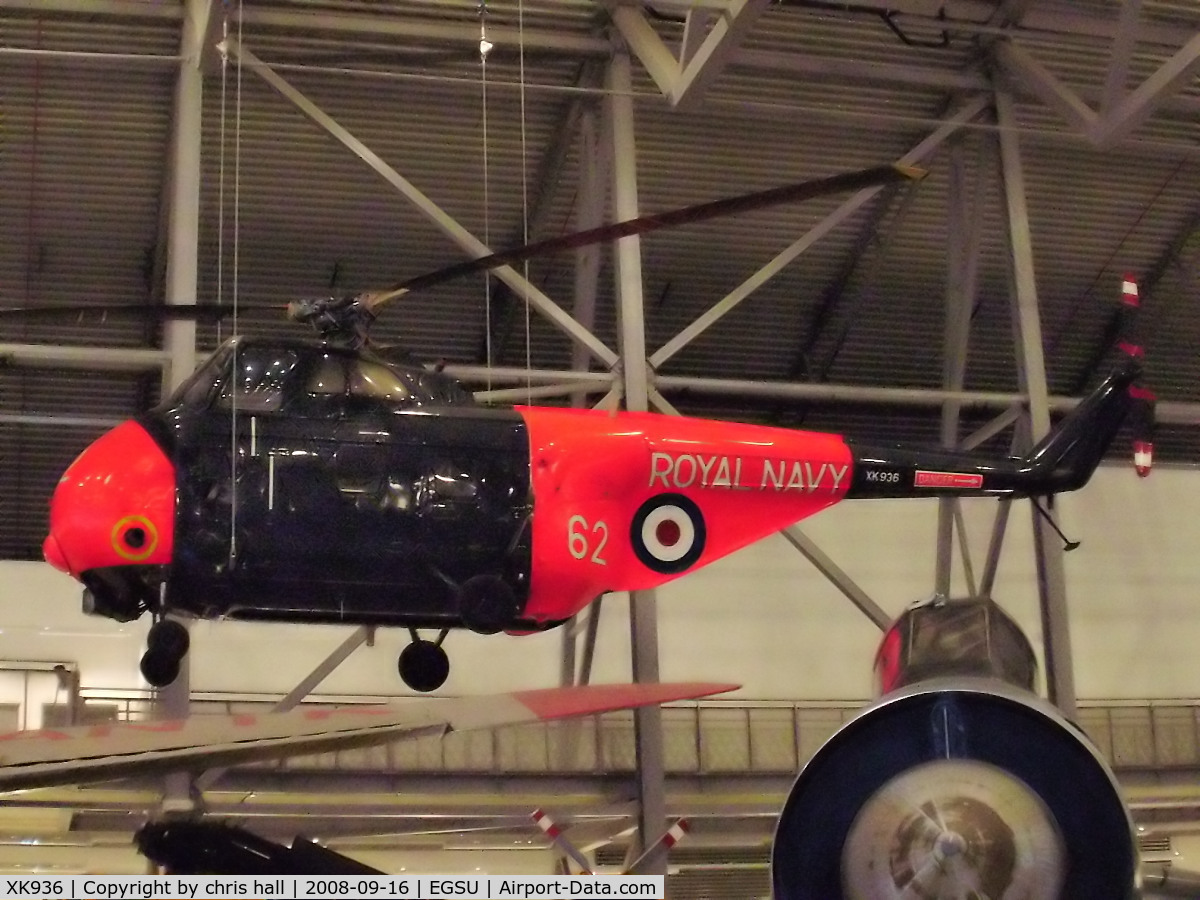 XK936, 1957 Westland Whirlwind HAS.7 C/N WA163, Suspended from the ceiling in the AirSpace hanger. served with  50 Sqn at RAF Binbrook later moving to RAF Upwood