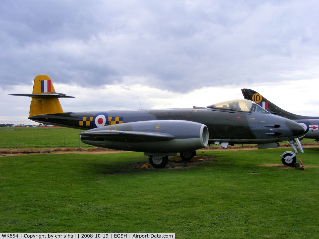 WK654, 1952 Gloster Meteor F.8 C/N Not found WK654, On 22nd December 1969, this aircraft took its final flight to RAF Kemble, from where it was allocated to RAF Neatishead to serve as a ‘Gate Guard’. In 1992 WK654 was replaced by a Phantom and moved to a new home with the CNAM