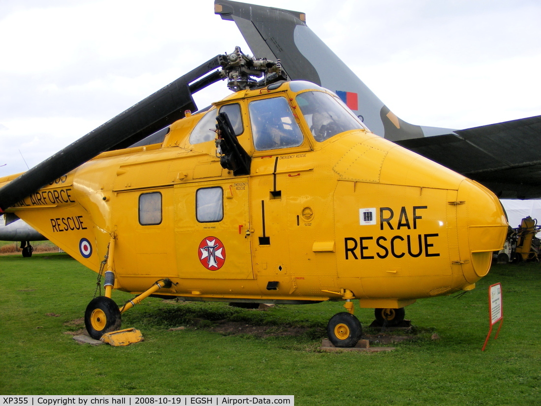 XP355, 1962 Westland Whirlwind HAR.10 C/N WA371, First entered service with the Central Flying School in March 1962. By 1965 it joined 22 Squadron in the Air Sea Rescue Role before being transferred to RAF Benson in 1969. At RAF Benson XP355 was painted gloss grey, white and blue and was used in special