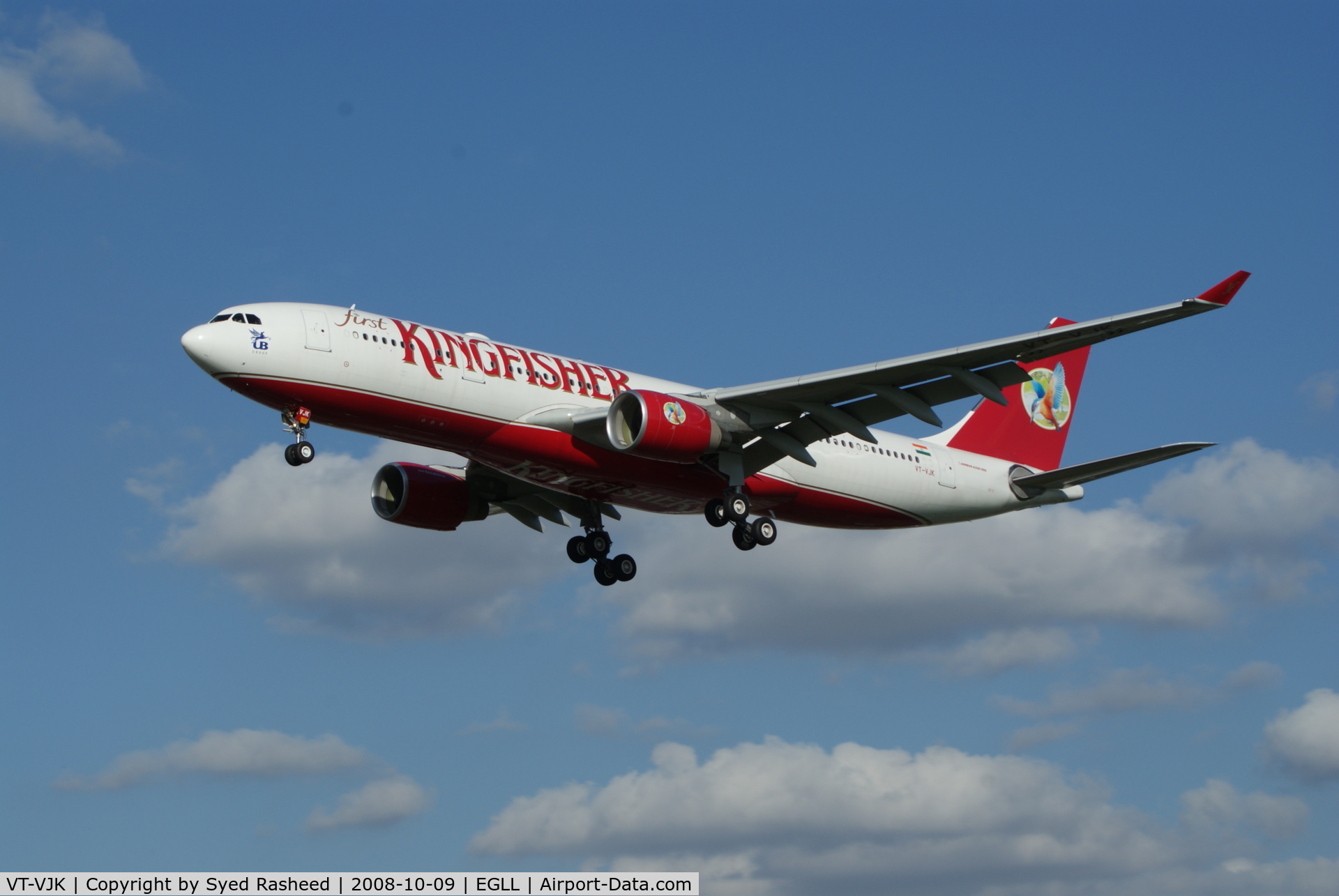 VT-VJK, 2008 Airbus A330-223 C/N 874, Kingfisher A330-223 on finals in to EGLL