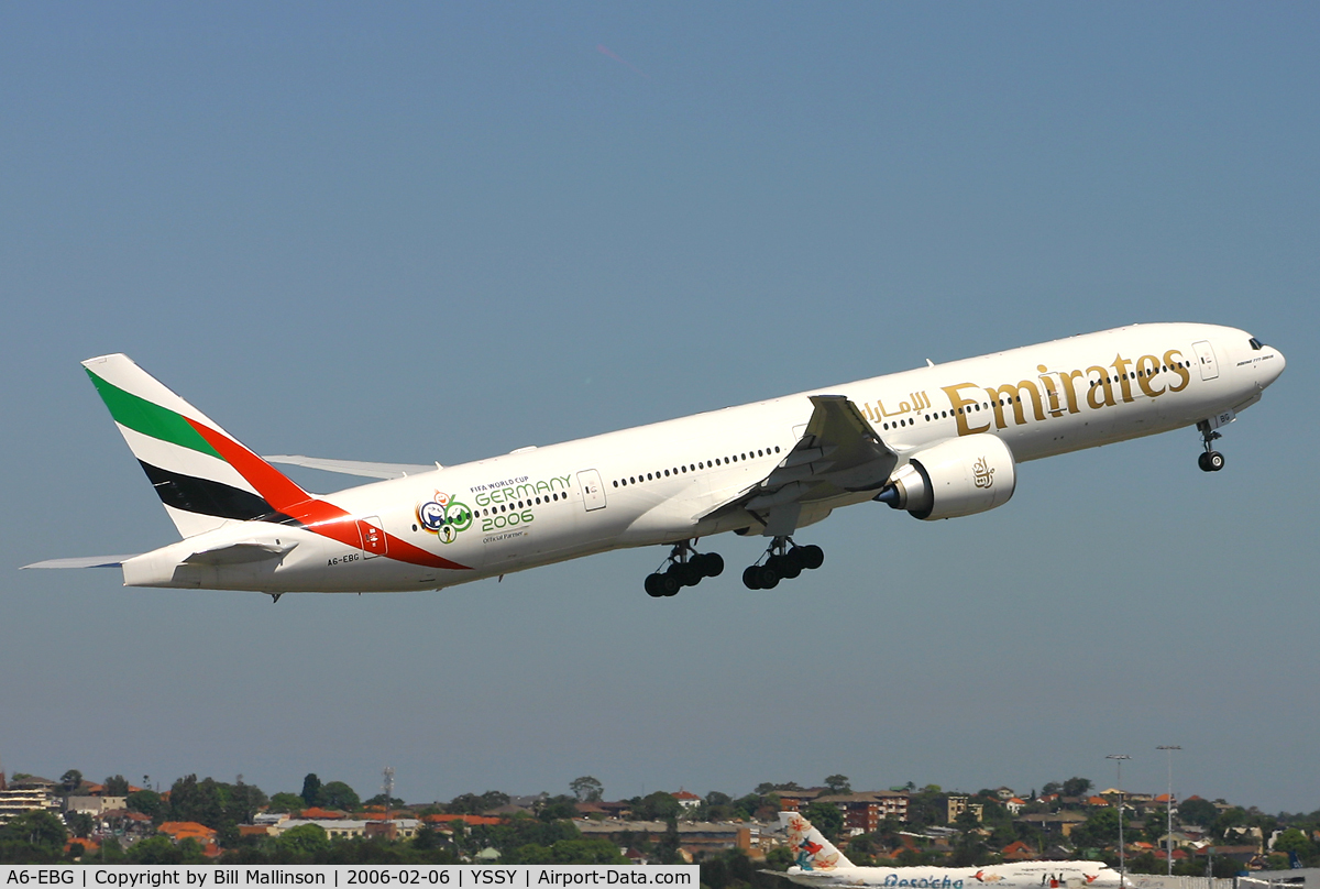 A6-EBG, 2005 Boeing 777-36N/ER C/N 33862, Rotating from r/w 34L to MEL, then back toSYD, then to DBX