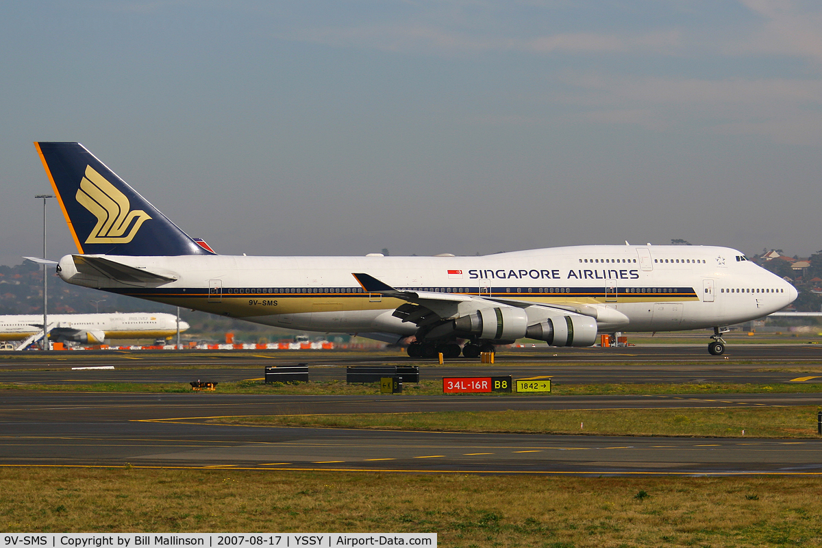 9V-SMS, 1993 Boeing 747-412 C/N 27134, Taxiing to terminal after landing on r/w 34L from SIN
