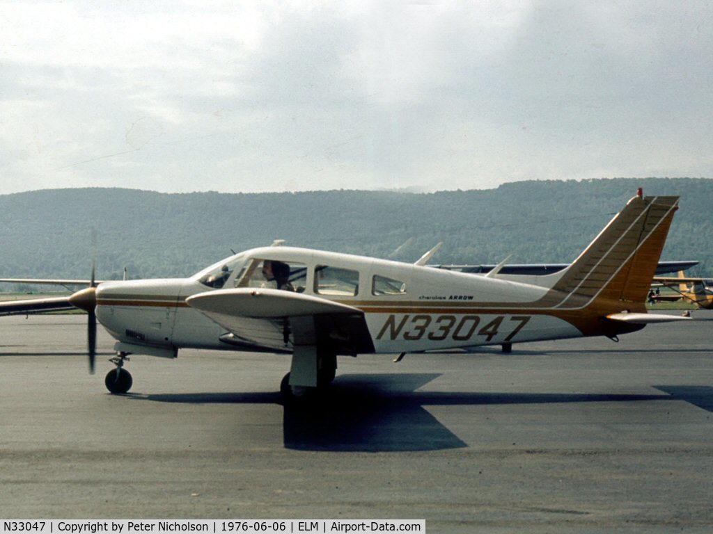 N33047, 1975 Piper PA-28R-200 C/N 28R-7535111, This Cherokee Arrow is shown at Chemung County Airport in the summer of 1976 - airport is now known as Elmira Corning Regional Airport.