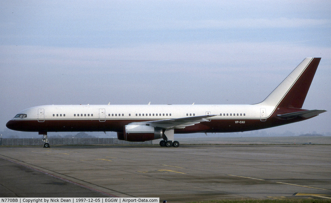 N770BB, 1991 Boeing 757-2J4 C/N 25220, EGGW (Seen here as VP-CAU now registered N770BB as posted)